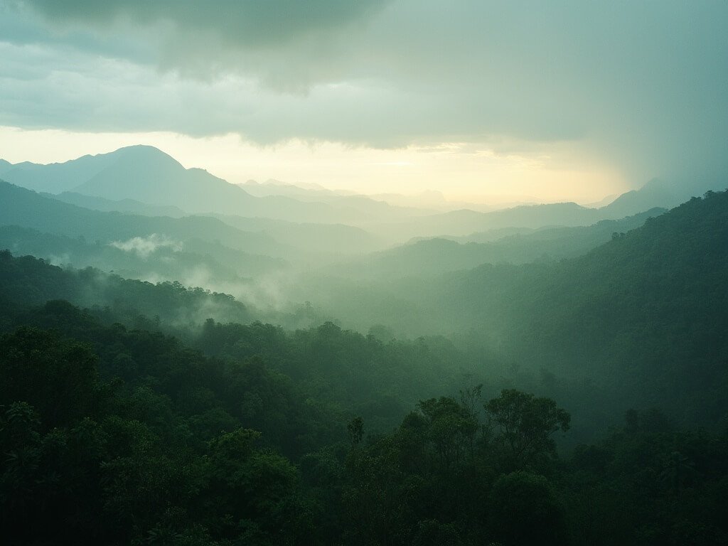 Early morning view of the vast Amazon rainforest showing multi-layered green canopy, distant mountain silhouettes, and dramatic sky