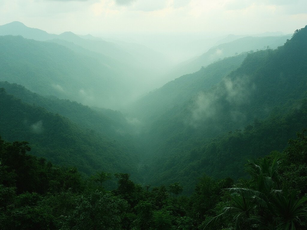 Panoramic view of Amazon rainforest in Peru with morning light filtering through misty green canopy