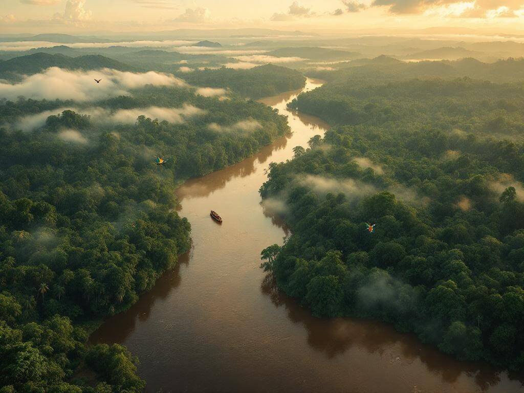 "Aerial view of the confluence of the Ucayali and Marañon rivers forming the Amazon at golden hour, with a riverboat, flying macaws, and distant Andean silhouettes"