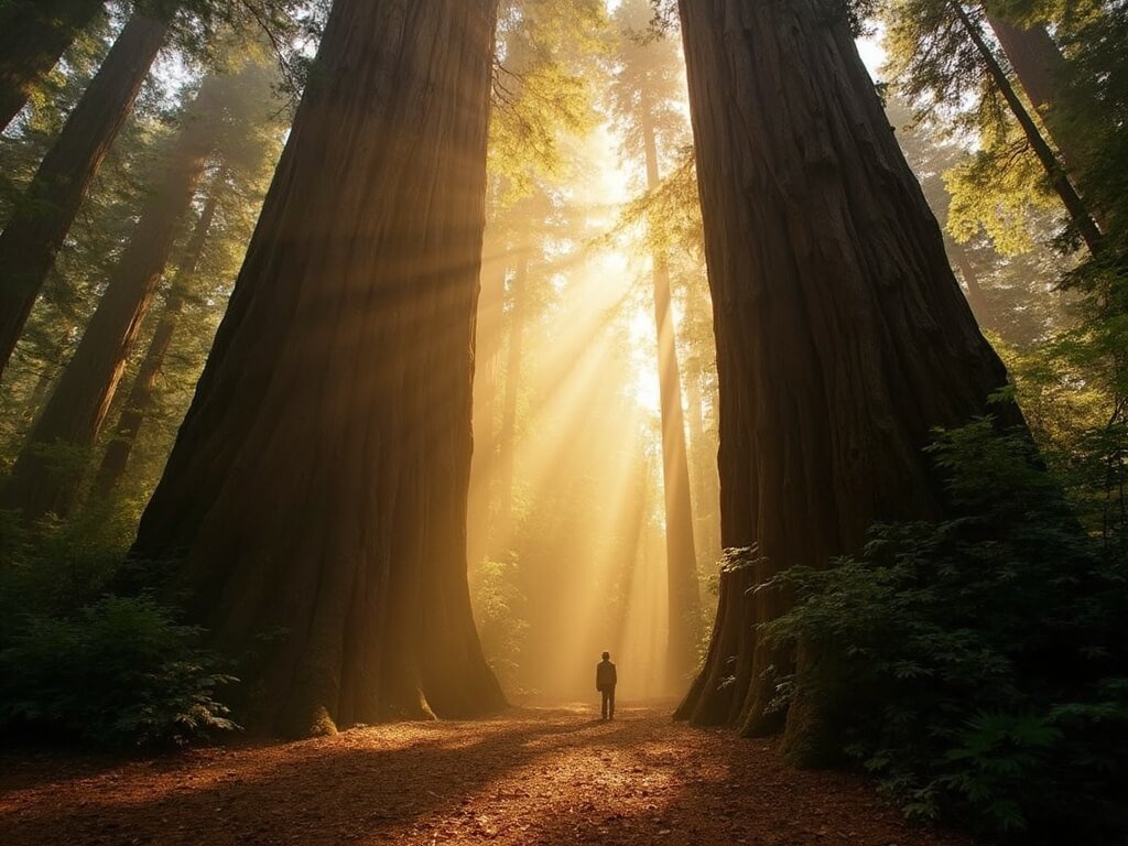 Small person at the base of towering ancient redwood trees illuminated by dramatic sun rays piercing through the dense forest during golden hour.