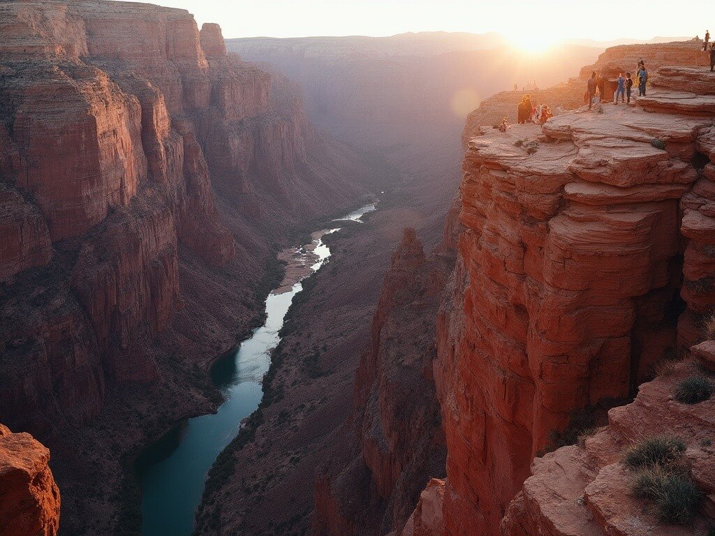 Hikers traversing the narrow rocky path of Angel's Landing in Zion National Park, using metal chains for support, with vast canyon and sharp cliffs highlighted by morning light
