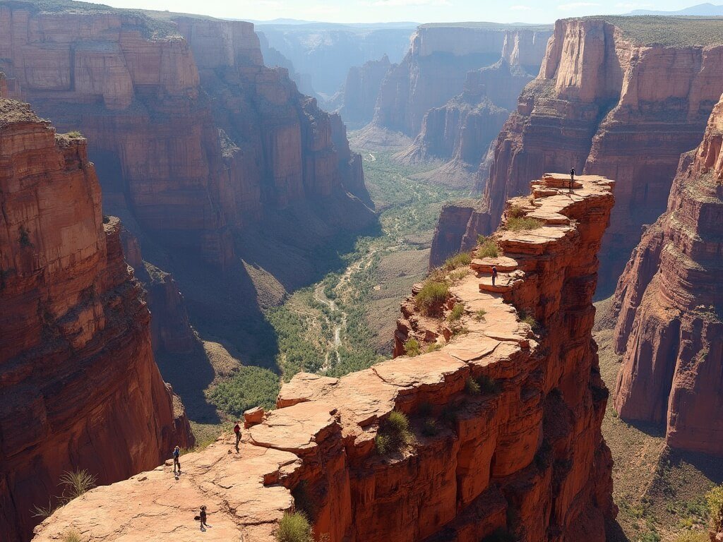 Panoramic view of Angel's Landing trail along cliff edges with hikers for scale against Zion Canyon backdrop