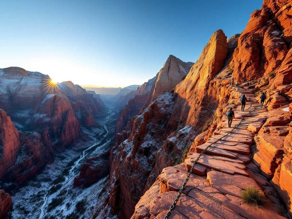 "Hikers traversing the narrow spine ridge of Angel's Landing with metal chains in Zion National Park at golden hour with 1,500-foot vertical drops and distinctive red and white rock formations in the background."
