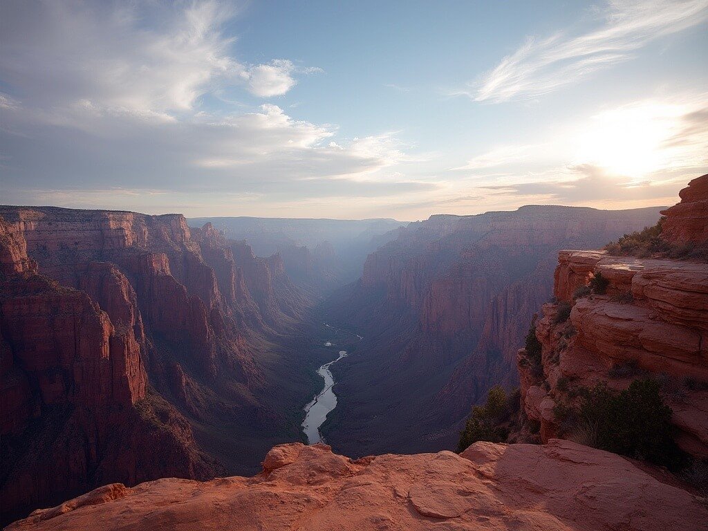 Panoramic view from Angel's Landing summit showing Zion National Park, red rock formations, Virgin River, and distant canyon walls under a dramatic sky during morning light