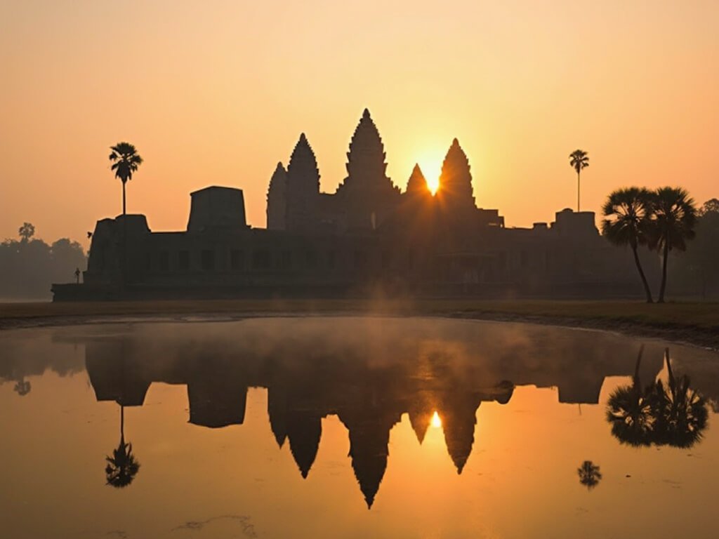 Misty morning sunrise illuminating the five stone towers of Angkor Wat, reflected in the surrounding moat, with no people in sight
