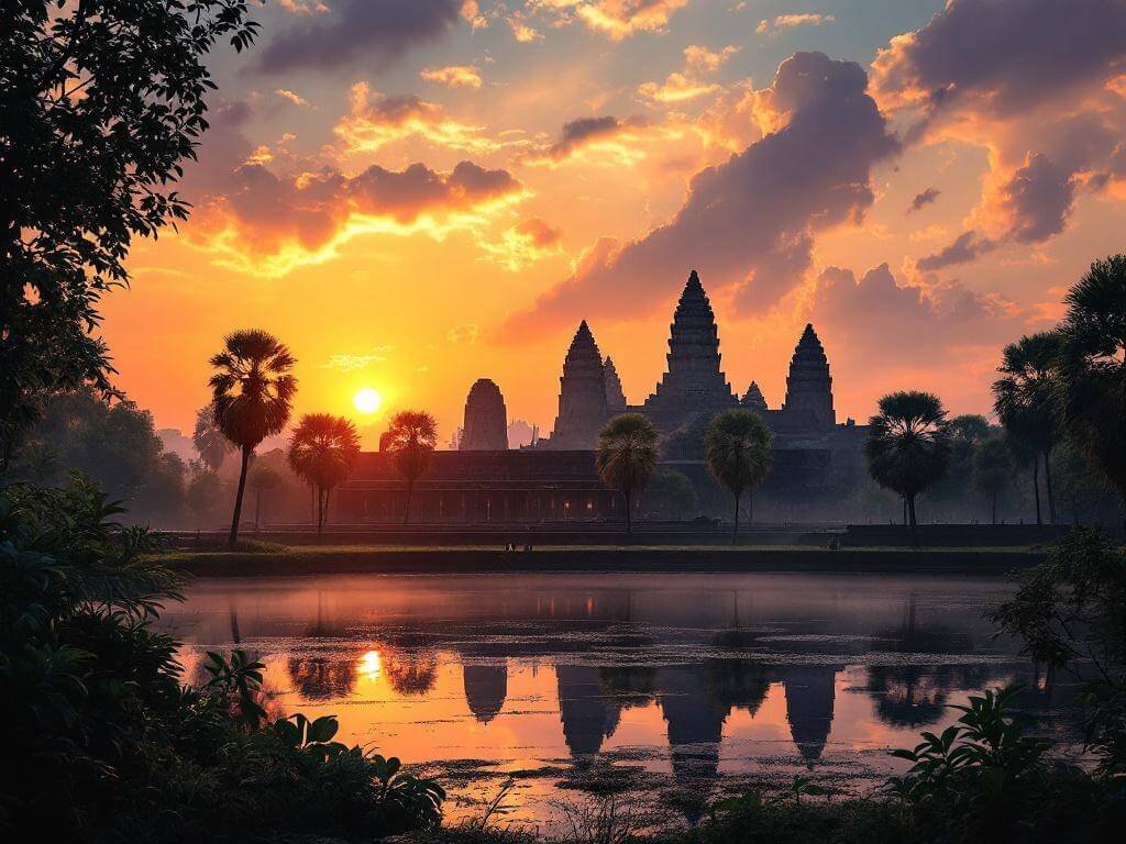 "Sunrise at Angkor Wat temple with silhouetted towers against a vibrant sky, reflection in surrounding moat, morning mist, intricate wall carvings, and surrounding lush vegetation, in a wide-angle photorealistic style"