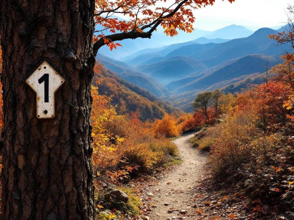 "View from the Appalachian Trail during fall with vibrant foliage, white blaze marker, misty ridges, and morning sunlight filtering onto hiking path in Shenandoah National Park"