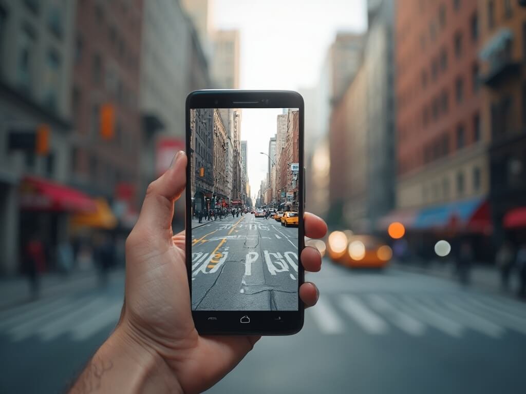 Smartphone displaying an augmented reality navigation app, providing real-time walking directions on a busy New York City street in soft morning light