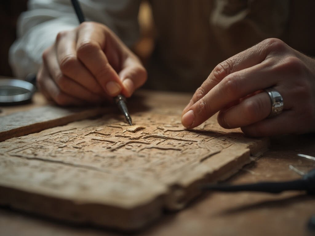 Archaeologist's hands delicately cleaning a hieroglyphic artifact, with preservation tools and magnifying glass in soft lighting