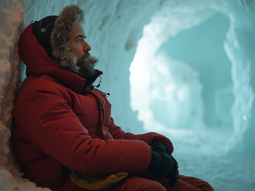 Guest in thermal gear contemplating in warmly lit ice room with intricate ice artwork, symbolizing human endurance in extreme Arctic environment.