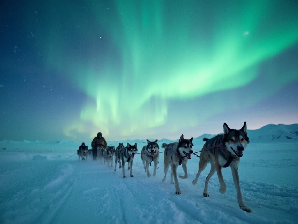 Dog sled team racing across snow-covered Arctic landscape at twilight under the Northern Lights