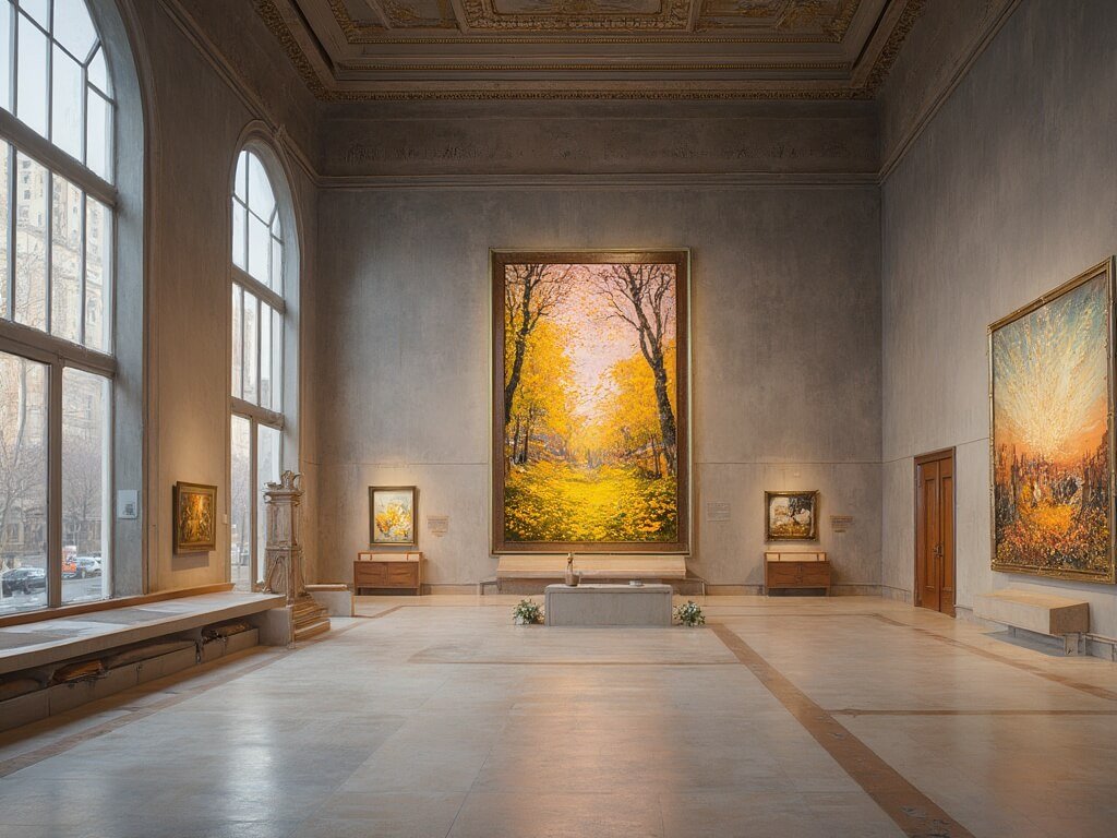 Impressionist painting collection in the main gallery of the Art Institute of Chicago, illuminated by natural light through large windows