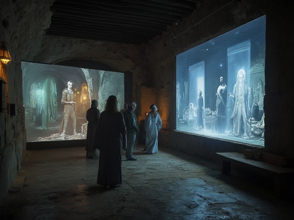 Bavarian castle's digital interactive museum exhibit with holographic historical figures next to ancient artifacts