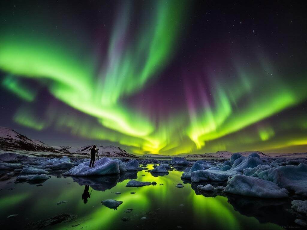 "Photographer capturing the Northern Lights above Jökulsárlón Glacier Lagoon in Iceland, with reflections in the water and silhouetted icebergs in the foreground"