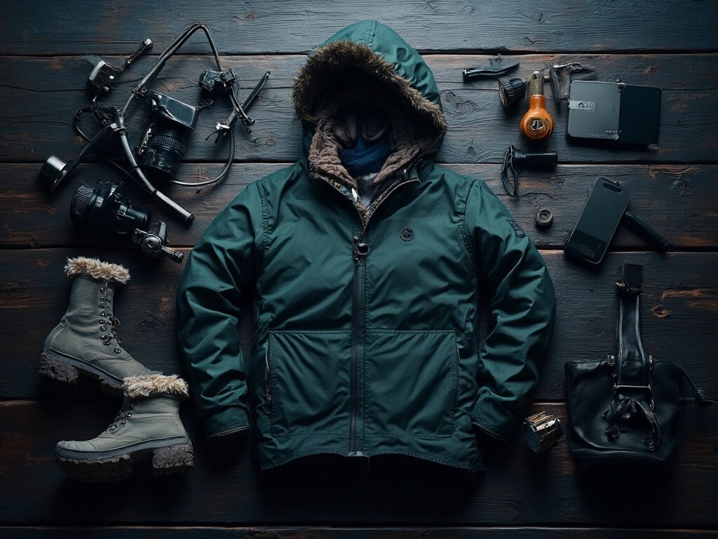 Professional winter aurora photography gear neatly arranged on a dark wooden surface with DSLR camera, tripod, thermal clothing, boots, thermos, and smartphone displaying aurora forecast app, highly-contrasted studio lighting enhancing sharp focus on details.