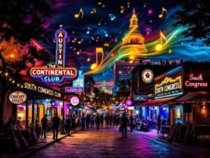 "Nighttime photo of Austin's bustling South Congress Avenue showcasing the neon sign of The Continental Club, musicians silhouetted by warm light from music venues, crowd gatherings, rooftop bars filled with people, the Texas State Capitol dome, guitar cases against brick walls, and music notes illuminated by stage lights"