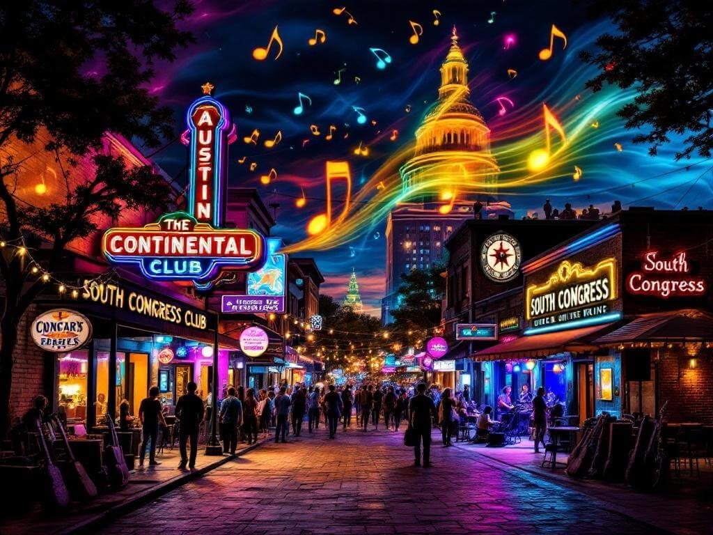 "Nighttime photo of Austin's bustling South Congress Avenue showcasing the neon sign of The Continental Club, musicians silhouetted by warm light from music venues, crowd gatherings, rooftop bars filled with people, the Texas State Capitol dome, guitar cases against brick walls, and music notes illuminated by stage lights"