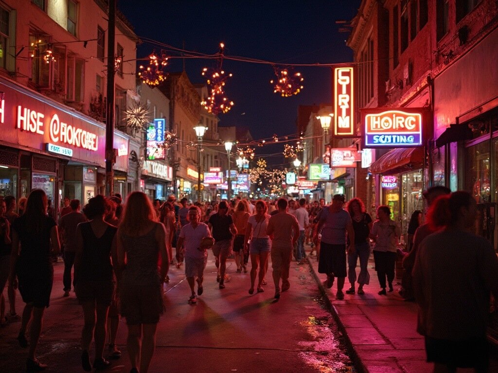 Vibrant nighttime scene on Austin's Sixth Street featuring neon-lit music venues, crowded sidewalks, and live musicians performing