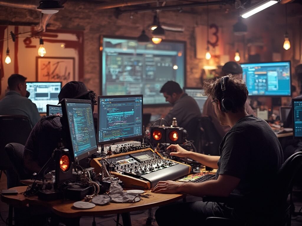 Tech startup workspace in Austin showcasing collaboration between musicians and software engineers, blending music production equipment with advanced computers in a representation of Silicon Hills' technology and creativity intersection.