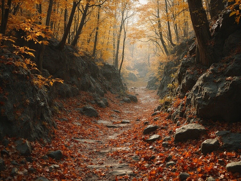 Autumn hiking trail winding through a dense forest carpeted with orange and red fallen leaves