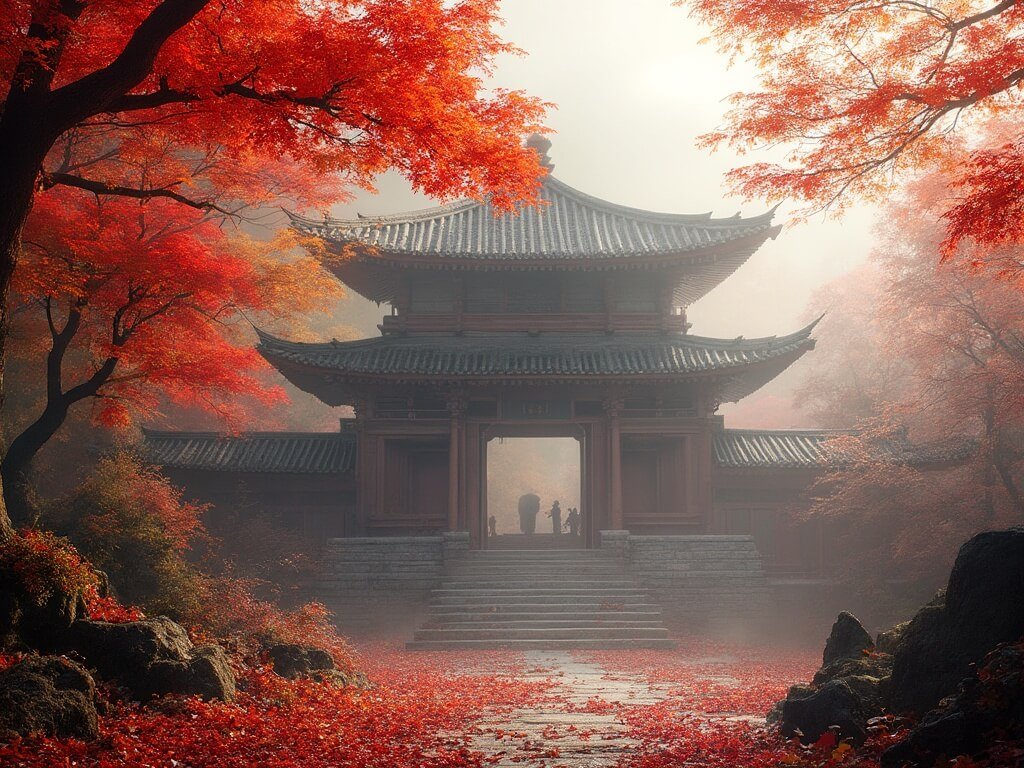 Ancient wooden temple among vibrant red and gold fall foliage with a soft misty background, highlighting the structure's silhouette