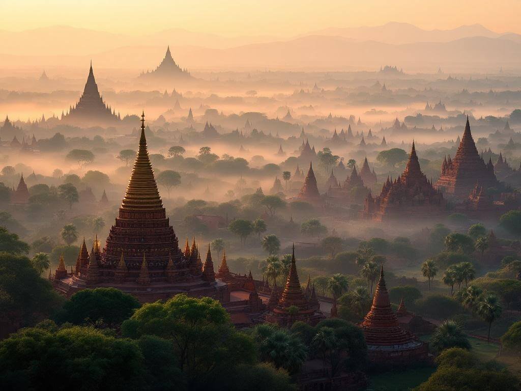 "Sunrise over Bagan's ancient temples with morning mist and Ananda Temple in the foreground, Myanmar"