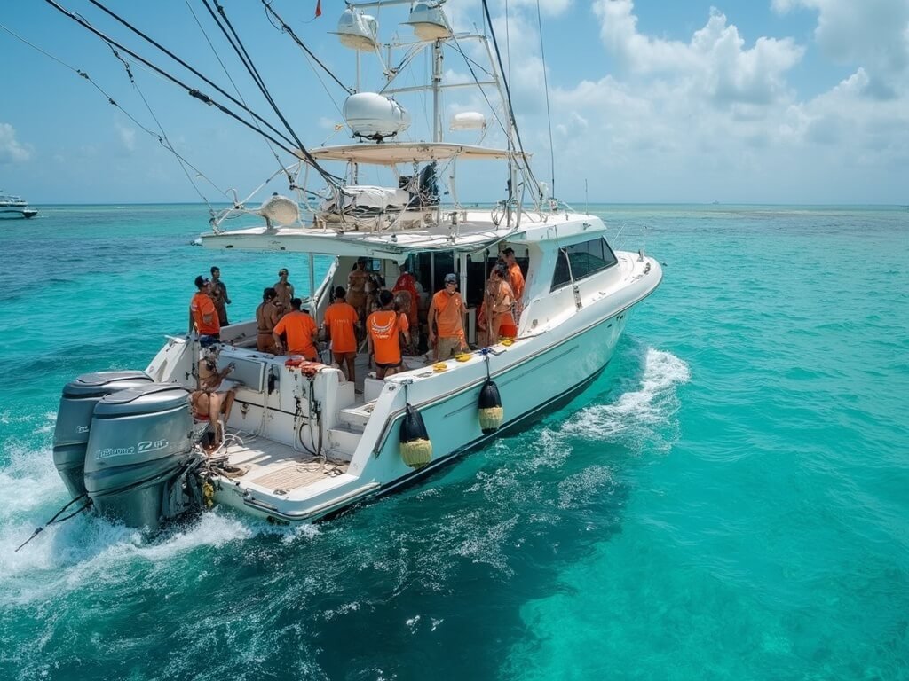 Local Bahamian tour boat filled with anticipation-filled tourists and professional guides in vibrant shirts, surrounded by pristine marine environment