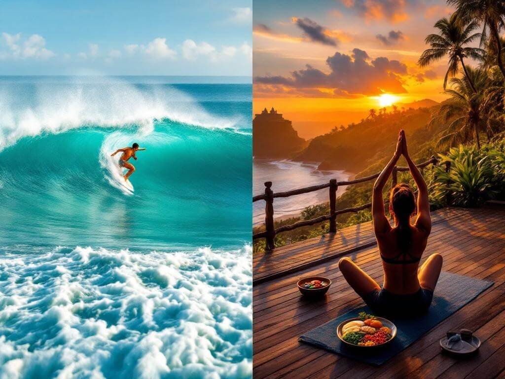 "Surfer riding a wave at Uluwatu's break with a clifftop temple behind, and a peaceful yoga session on a deck in Canggu with tropical palms and breakfast bowls, reflecting Bali's surfing and wellness lifestyle at sunset."