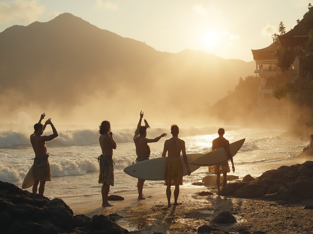 Balinese surfers performing a traditional spiritual ceremony at a coastal temple, with misty volcanic mountains and golden morning light in the background