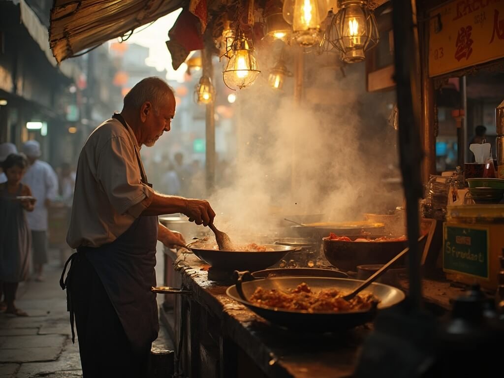 Elderly vendor cooking street food at open-air stall in bustling Bangkok's Chinatown at dusk, with steam rising from woks and golden light illuminating the scene