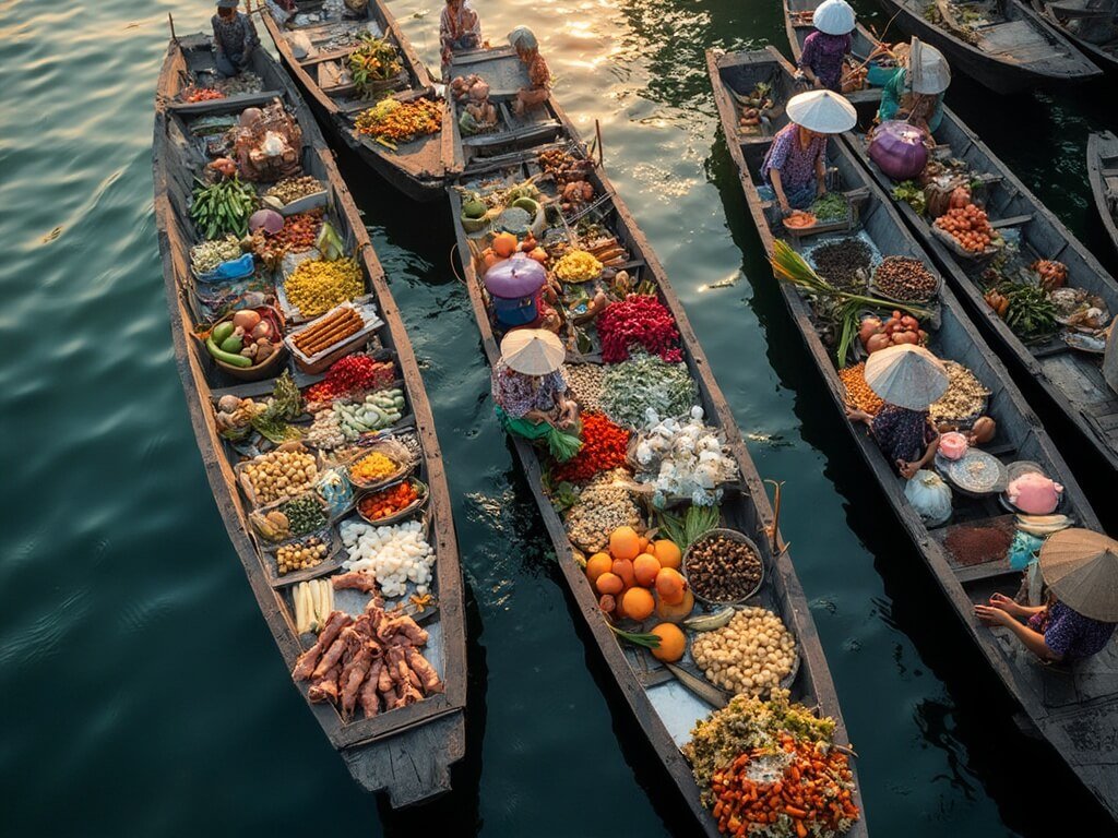 Overhead view of traditional Bangkok floating market at sunrise with vendors in traditional clothing on wooden boats full of fresh produce and street food in dreamy morning light