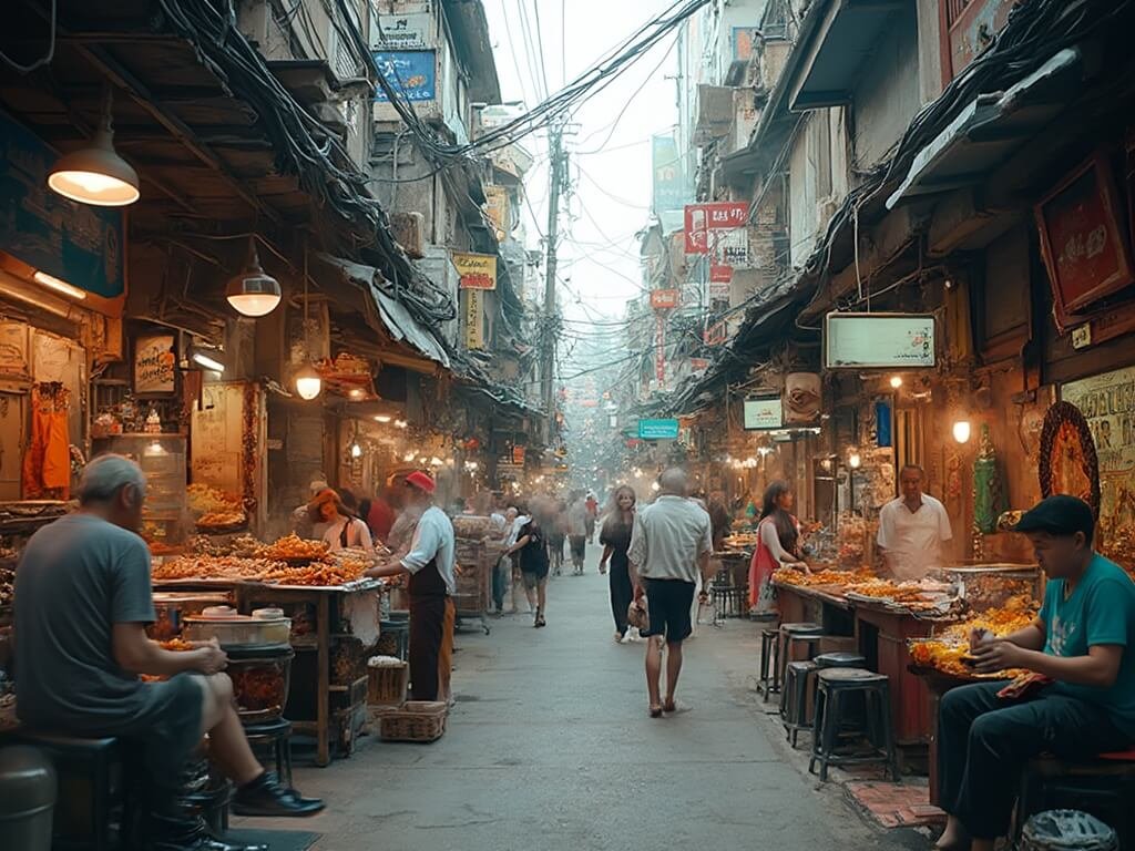 Panoramic view of a bustling Bangkok neighborhood showcasing diverse street food culture, locals dining at small tables, amid myriad food stalls featuring different cuisines, against an urban architectural backdrop intermingling traditional and modern elements
