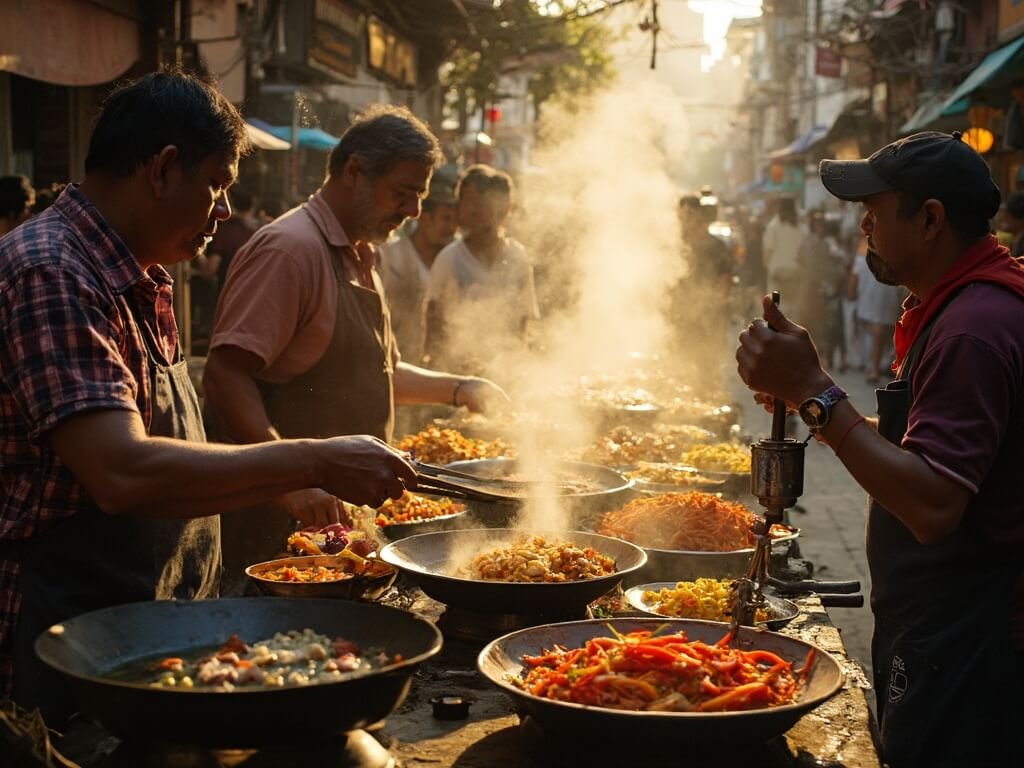 Vendors preparing fresh food at a bustling Bangkok street market bathed in golden afternoon sunlight, with vibrant ingredients on display, steam rising from woks, and a crowd of locals and tourists.
