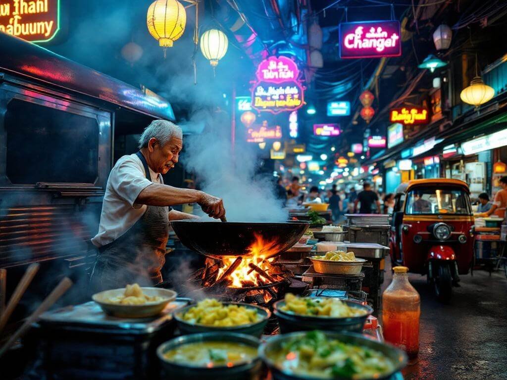 "Elderly Thai vendor cooking in a large smoking wok in a vibrant Bangkok street food scene at night with neon Thai signs, steaming bowls of green curry, a red tuk-tuk, and numerous food stalls along the bustling Yaowarat Road in Chinatown"