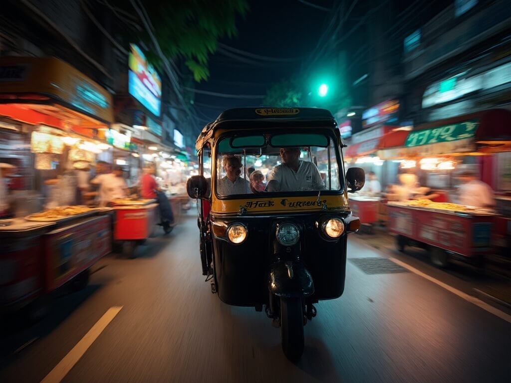 Tuk tuk navigating narrow Bangkok street at night, surrounded by lit-up street food carts reflecting vibrant lights, encapsulating the dynamic energy of Bangkok's street food culture
