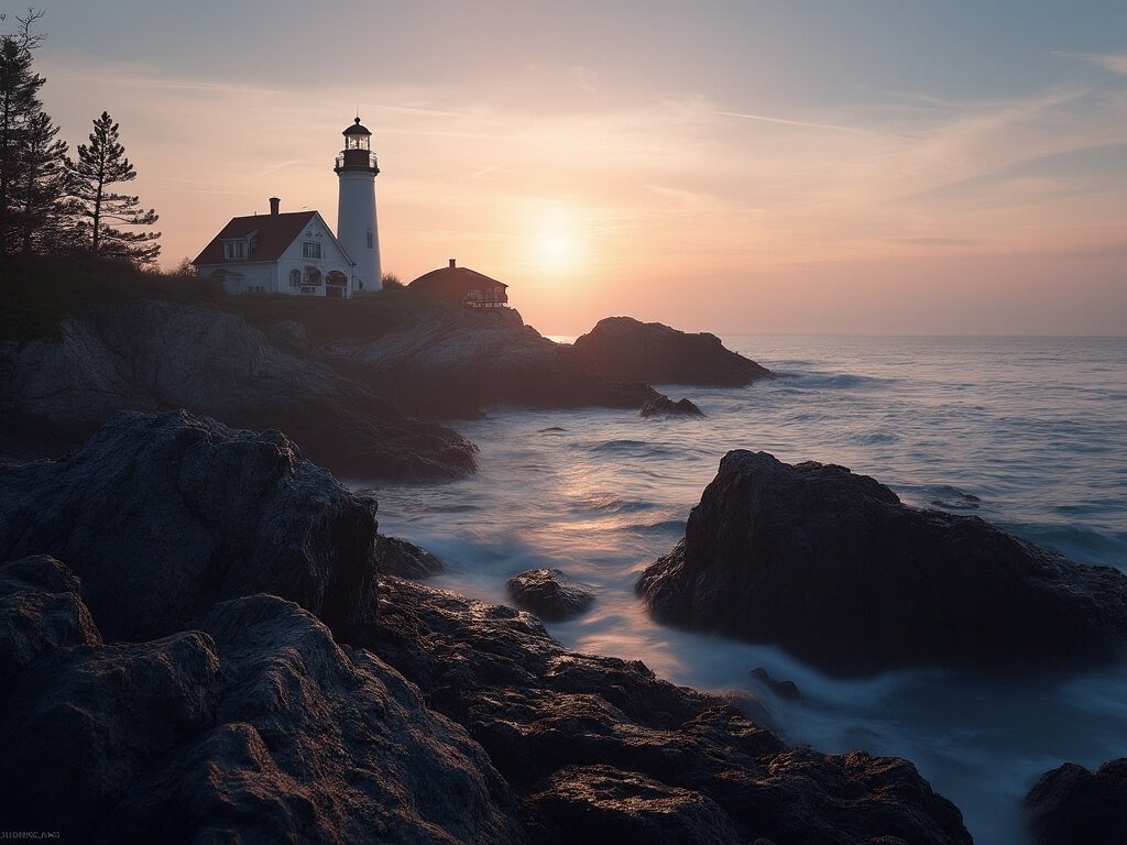 Bass Harbor Head Lighthouse at dawn with golden light, silhouetted rocks, calm ocean, and morning mist
