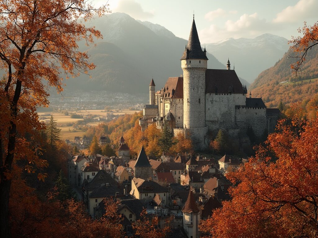 Bavarian castle in a village surrounded by autumn foliage in warm afternoon sunlight