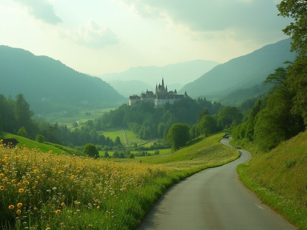 Romantic Road winding through green Bavarian countryside with a medieval castle in the distance, rolling hills, wildflower meadows, and soft sunlight