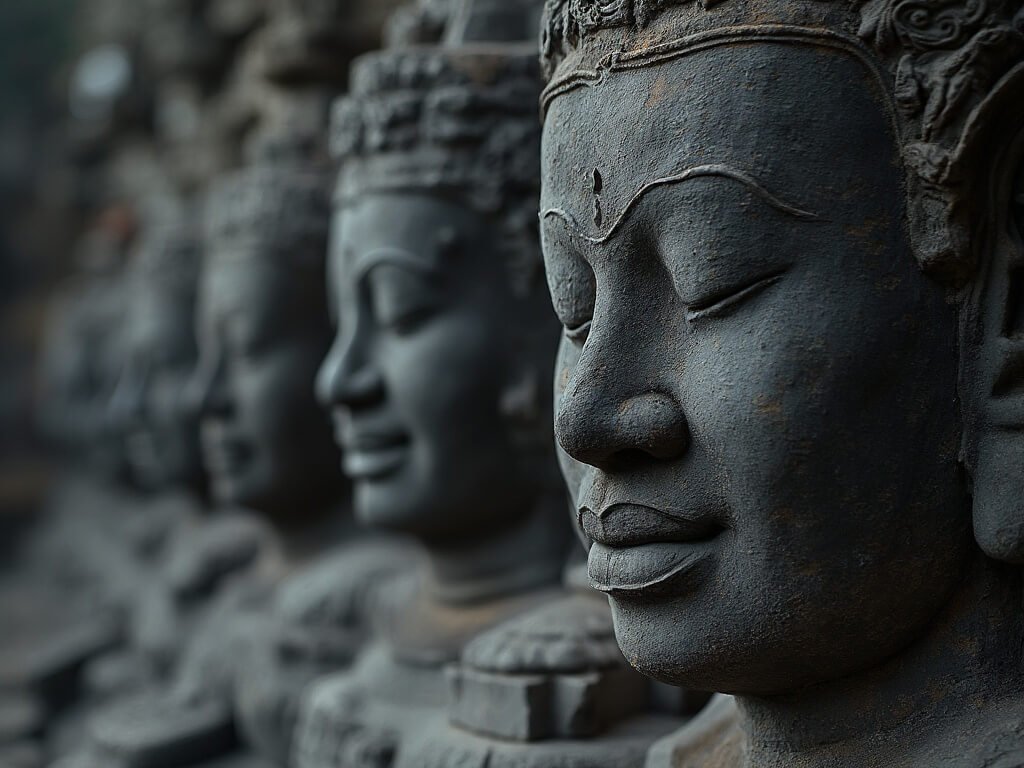Close-up detail of the intricate stone faces at Bayon Temple showcasing their enigmatic expressions, sculptural depth, texture, and facial contours highlighted by soft side lighting.