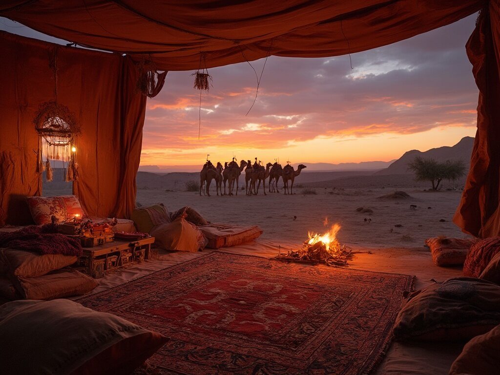 Traditional Bedouin camp at sunset with Arabic rugs, cushions, soft lighting, campfire, and silhouettes of camels against a dramatic orange and purple sky