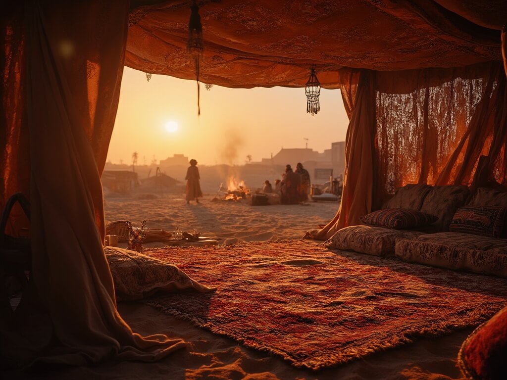 Close-up of traditional Bedouin camp at sunset, highlighting woven rugs, Arabic majlis seating, campfire, and gathering people's silhouettes