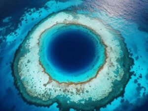 "Aerial view of Belize's Great Blue Hole, a circular marine sinkhole with a dark navy center fading to aquamarine edges, surrounded by turquoise Caribbean waters and coral reef, within Lighthouse Reef Atoll, a UNESCO World Heritage Site."