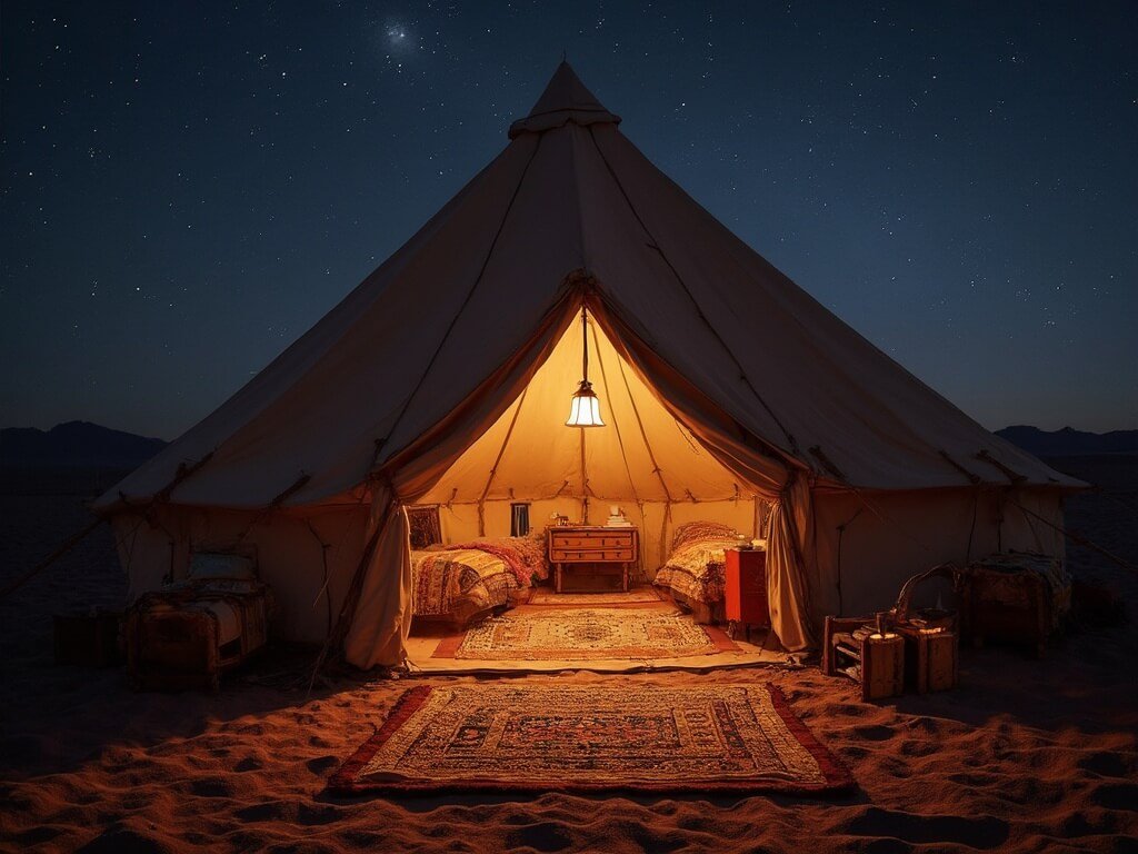 Traditional Berber tent at night illuminated by a soft lantern, filled with intricate woven textiles and carpet patterns, under a starry sky, decorated in warm earthy colors