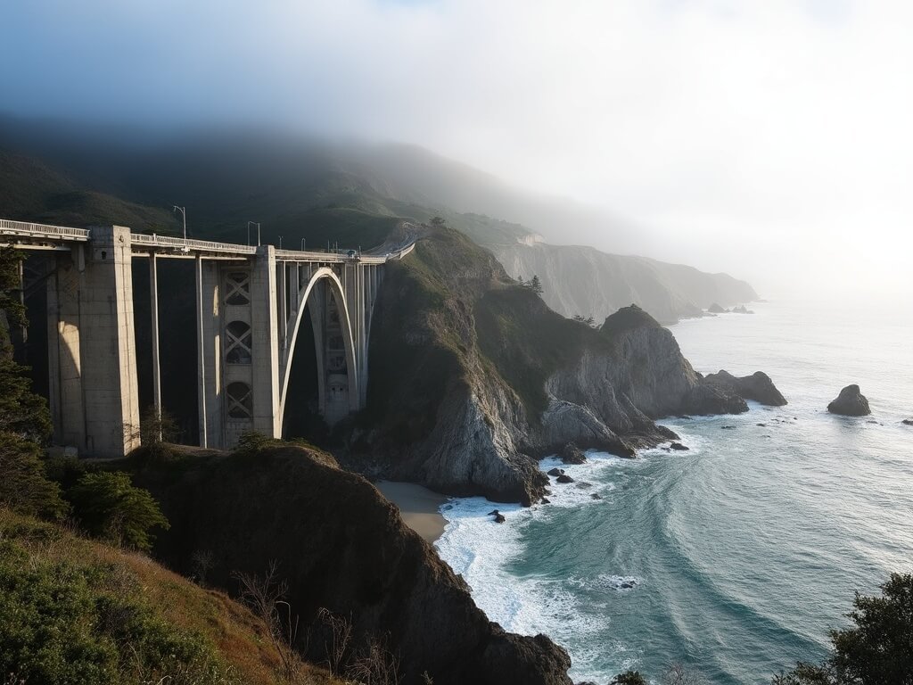 Bixby Creek Bridge in morning light with surrounding coastal cliffs and Pacific Ocean backdrop