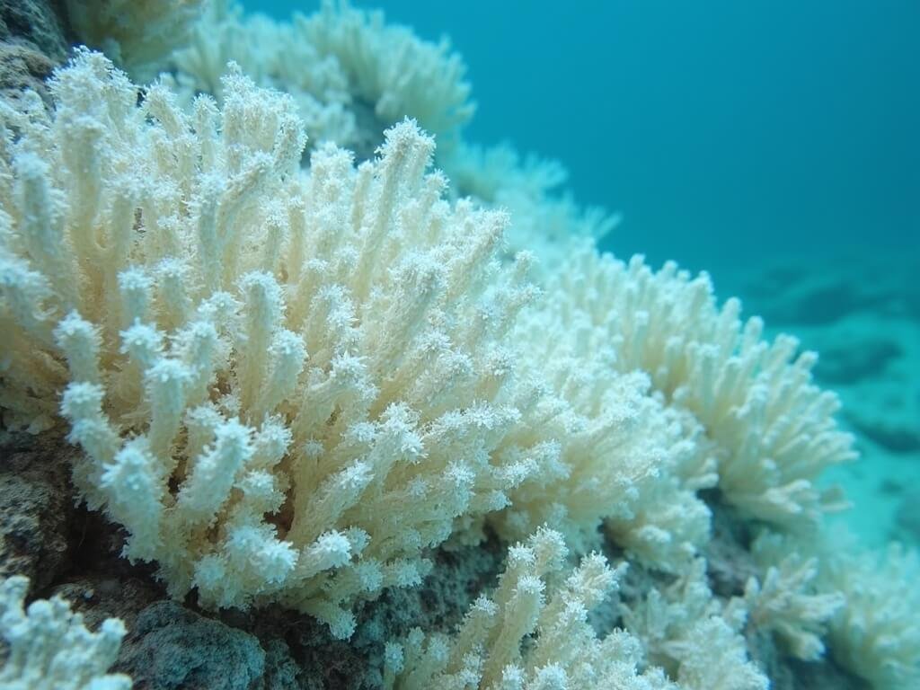 Ultra-detailed macro photograph of vulnerable bleached coral reef with fragile soft corals against a muted blue ocean background