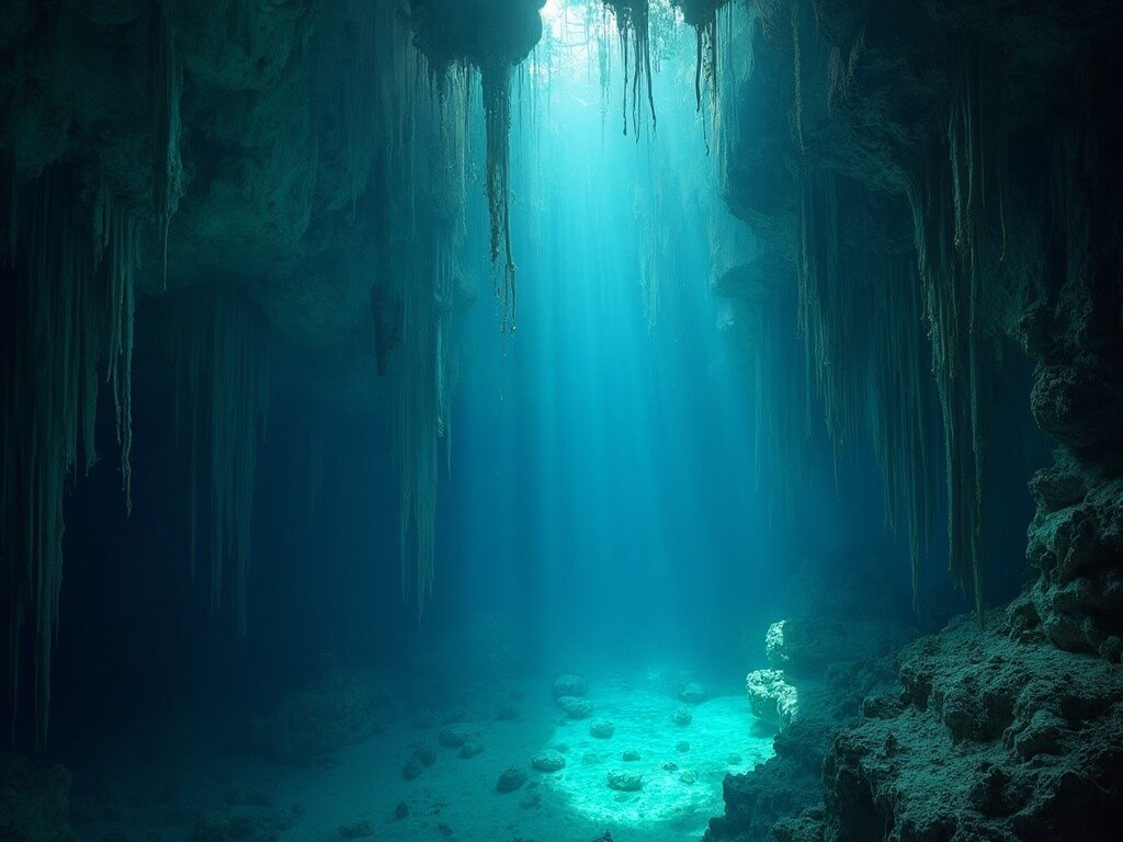 Dramatic underwater view of Blue Hole's deep vertical walls featuring ancient limestone stalactite formations hanging in darkness, illuminated by soft blue-green lighting.