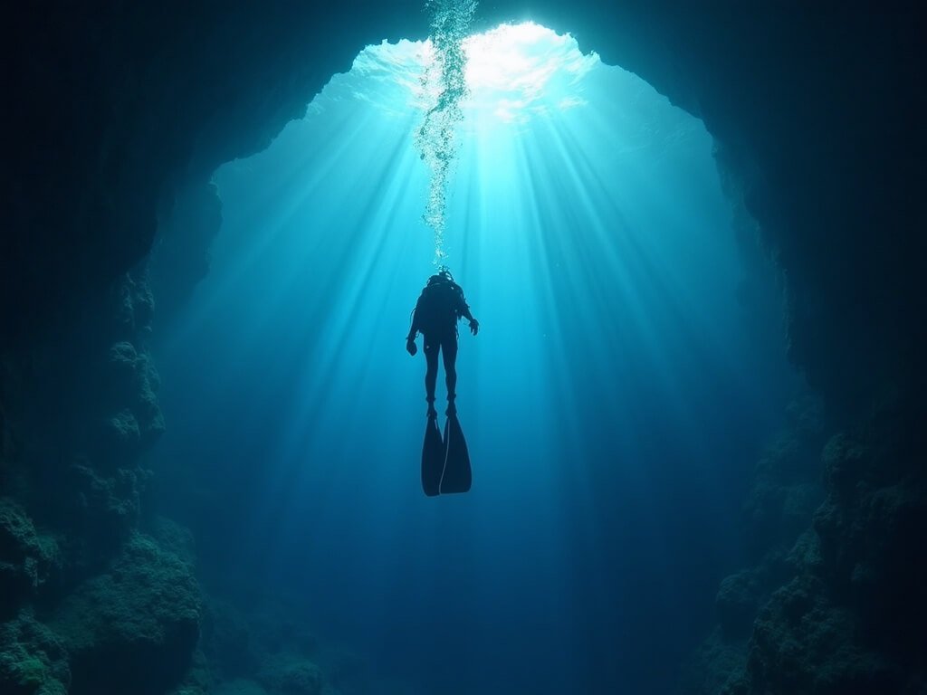 Scuba diver descending into the vast Blue Hole sinkhole under dramatic rays of light in an underwater aerial shot