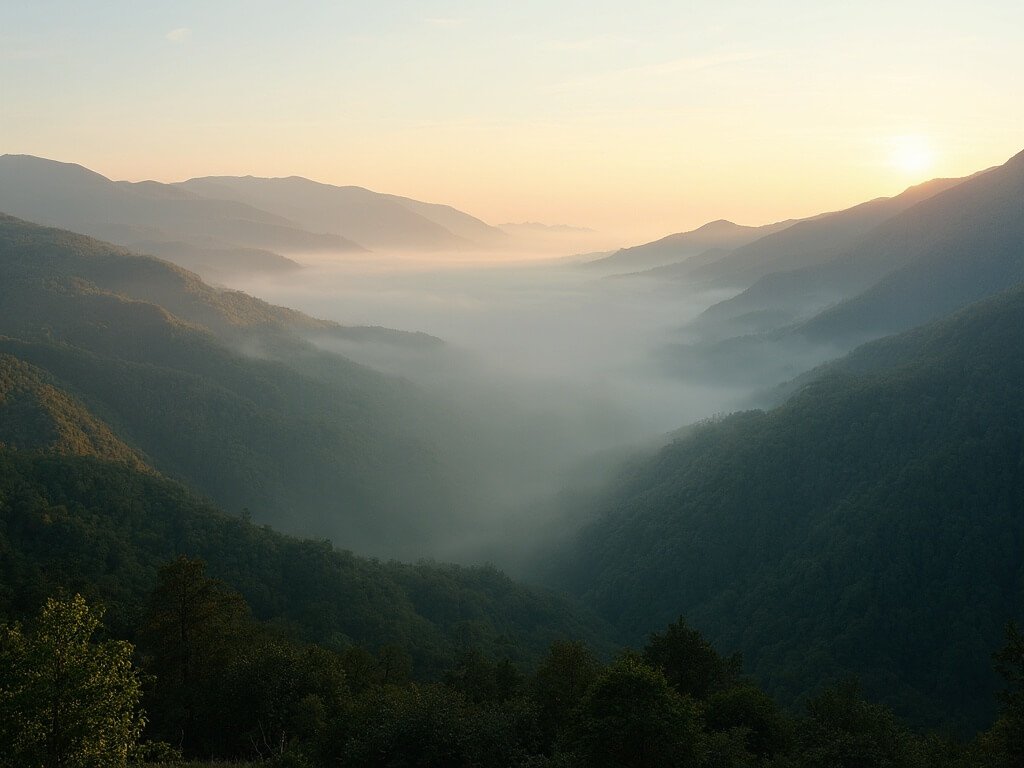 Sunrise over Blue Ridge Mountains with golden light filtering through misty forested ridgelines in Shenandoah's Appalachian Trail section