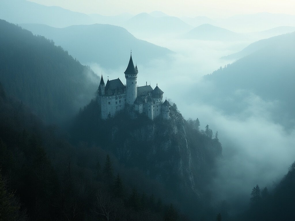 Misty morning view of Bran Castle on a rocky hillside with long shadow cast, surrounded by dense Carpathian mountain forests, depicting a mysterious medieval scene