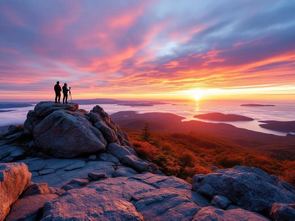 "Sunrise view from Cadillac Mountain, Acadia National Park, with golden sunlight breaking over the Atlantic, rocky summit, views of Frenchman Bay and the Porcupine Islands, early morning visitors, autumn foliage, and vibrant sky colors"